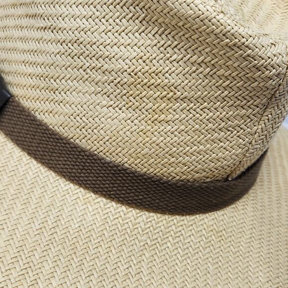 Disney Woven Fedora Panama Hat Adult Size Micky Mouse Metal Logo Brown Belt Trim - Picture 6 of 11